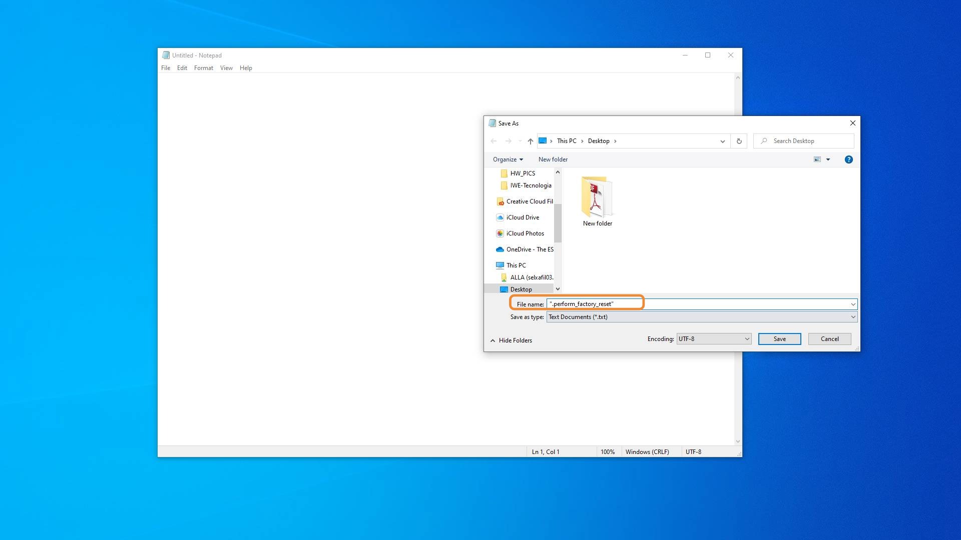 Write ".performfactoryreset" in File name field. Please make sure to include quo