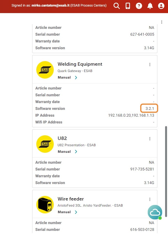 WeldCloud Fleet equipment details page showing new version installed on gateway