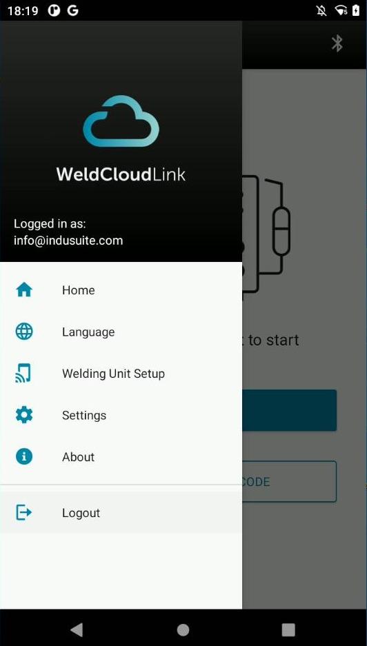 Click on Logout if you want to disconnect as an InduSuite user from WeldCloud Li