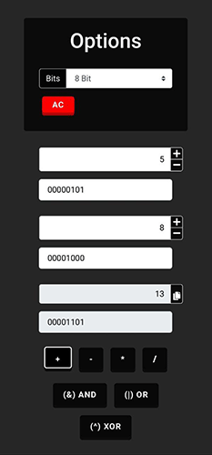 Binary Calculator Addition Subtraction Multiplication Division NOT AND OR XOR Mobile (Smartphone)