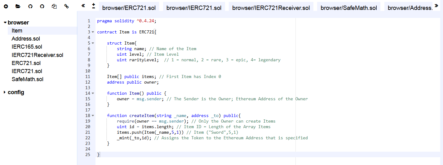Remix Solidity IDE Ethereum erc 721 erc721 erc-721 item game blockchain