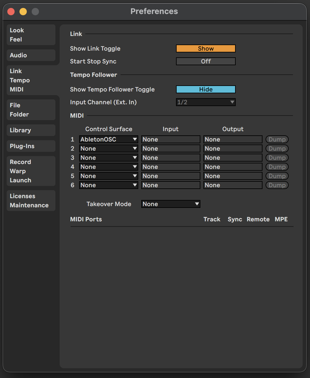 AbletonOSC Control Surface settings