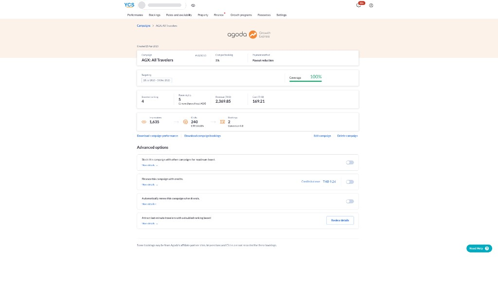 Current Margin Program campaign detail page on YCS