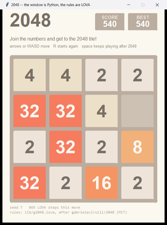 2048: the window is Python, the rules are LOVA