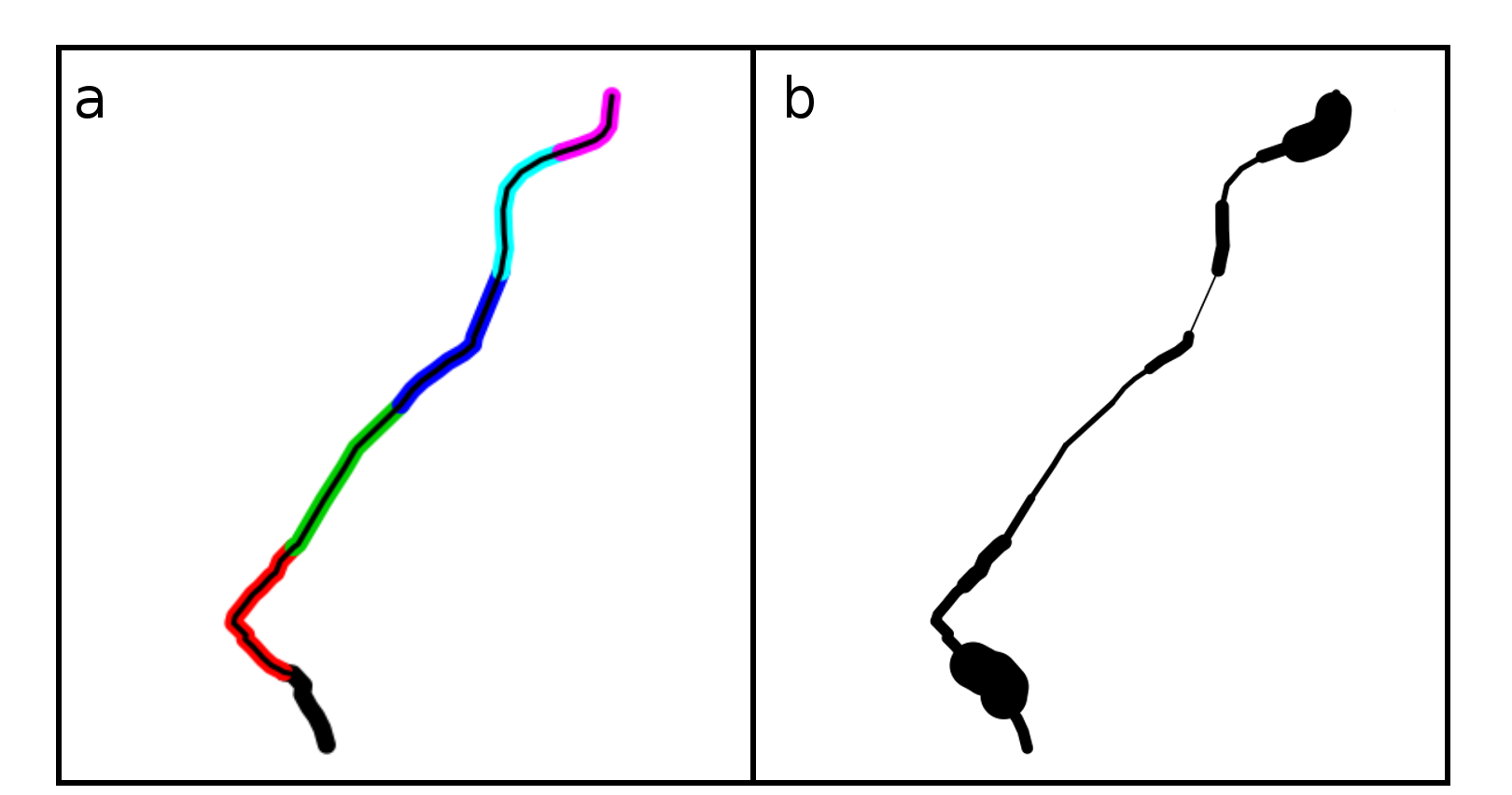 Method of splitting the route into discrete segments using the line segment function from the stplanr R package (a) and cycling potential severed (b).
