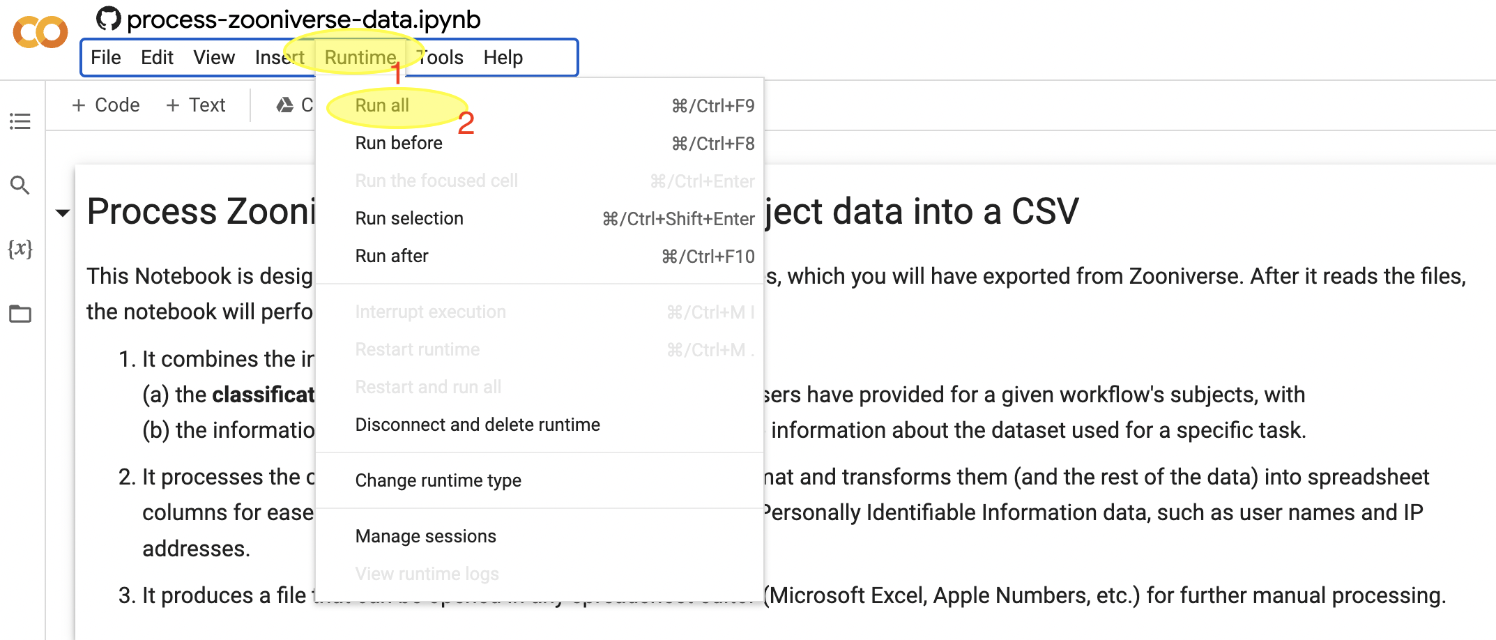 A screenshot that shows how to run all the cells of a notebook in Google Colab