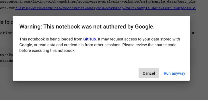 A screenshot that shows the warning message displayed by Google Colab