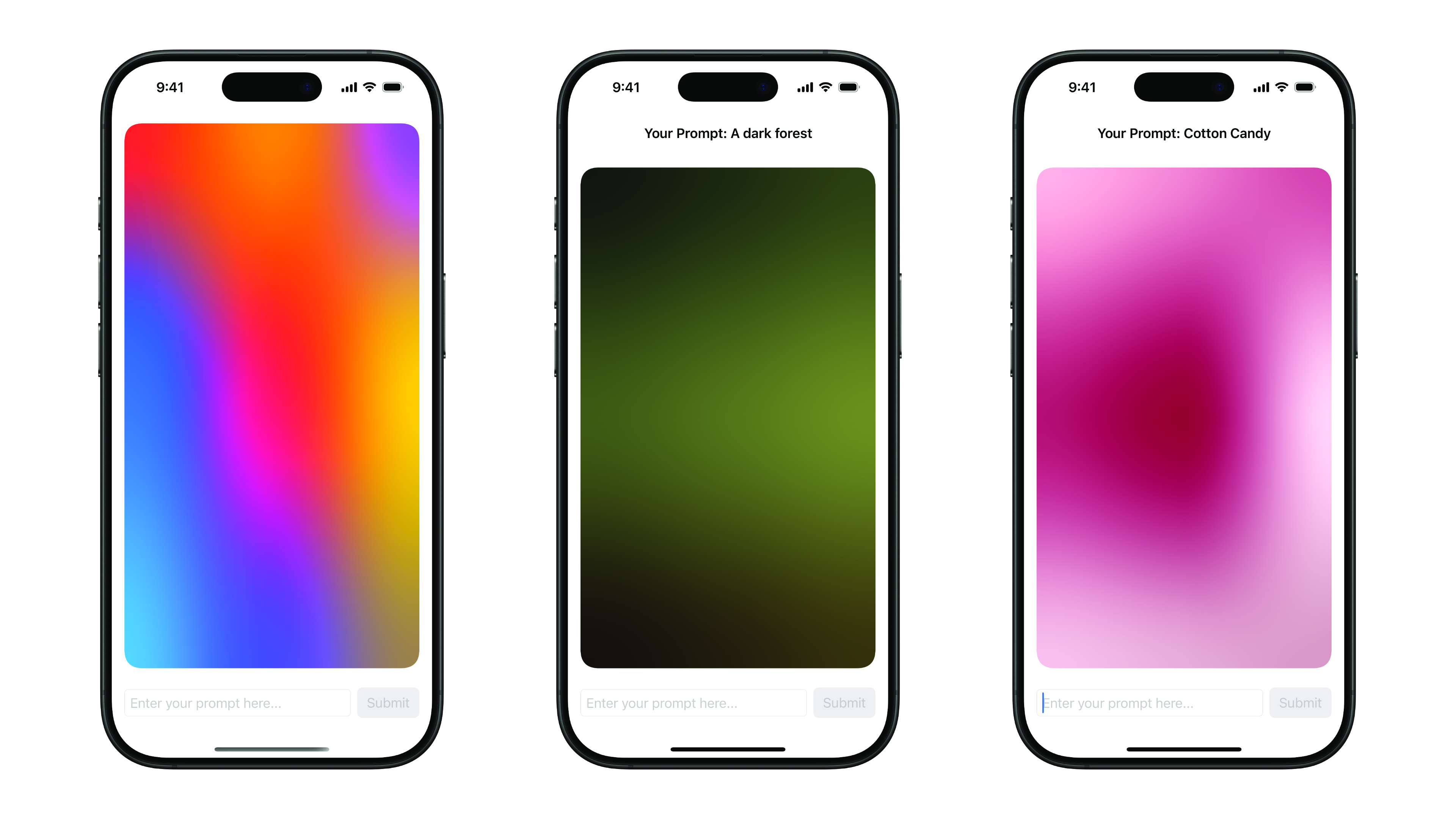 Screenshots of an app: Including Welcome screen, and two AI-generated gradients for a dark forest, cotton candy