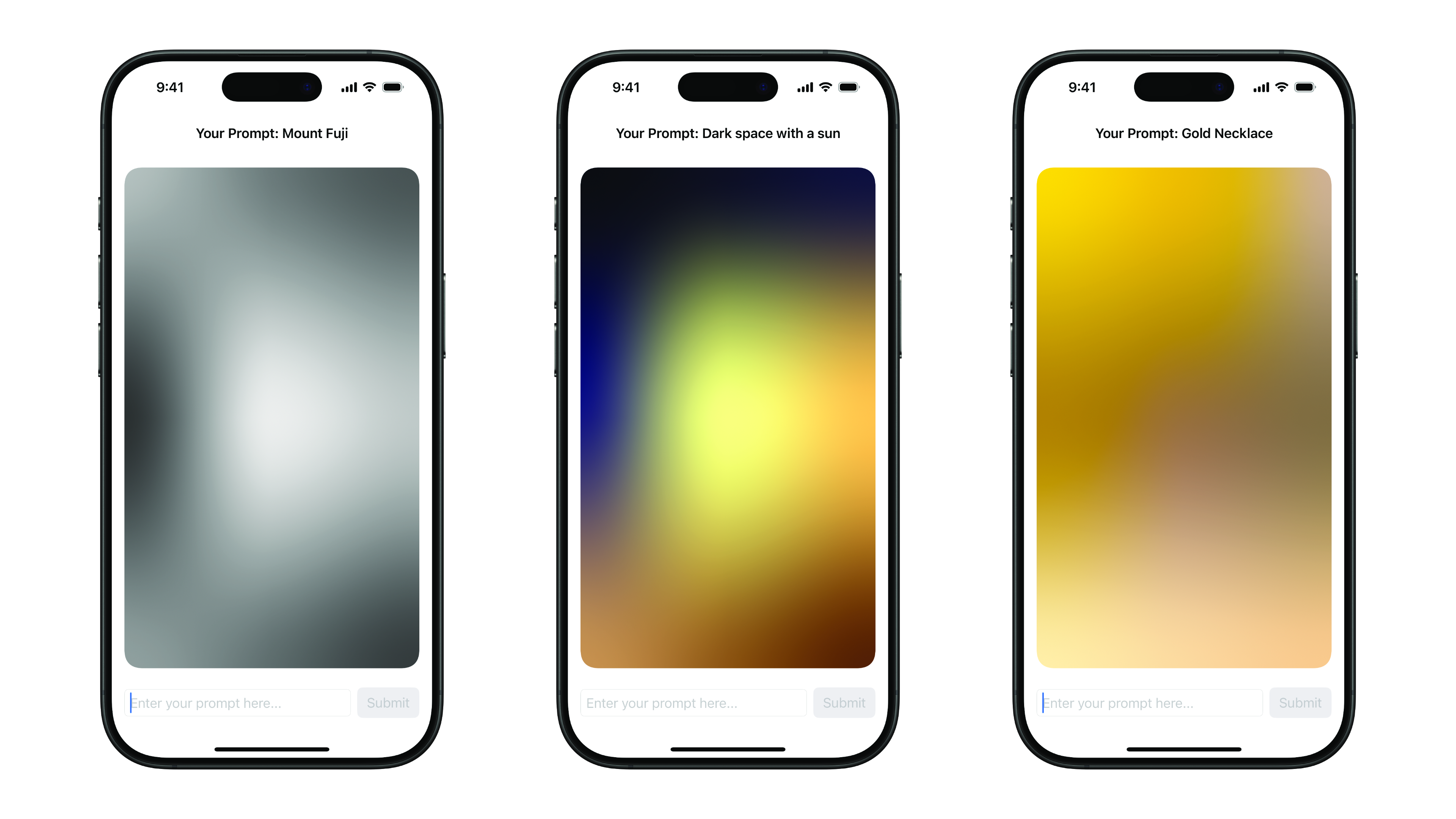 Screenshots of an app: Including three AI-generated gradients for Mount Fuji, Dark space with a sun, Gold necklace