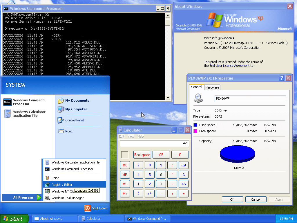 A Windows XP live desktop built with pe-builder: the Luna visual style, the modern Start
menu, About Windows showing Service Pack 3, and the CD drive's properties — all running from a
~68 MB CD with no attached disk.