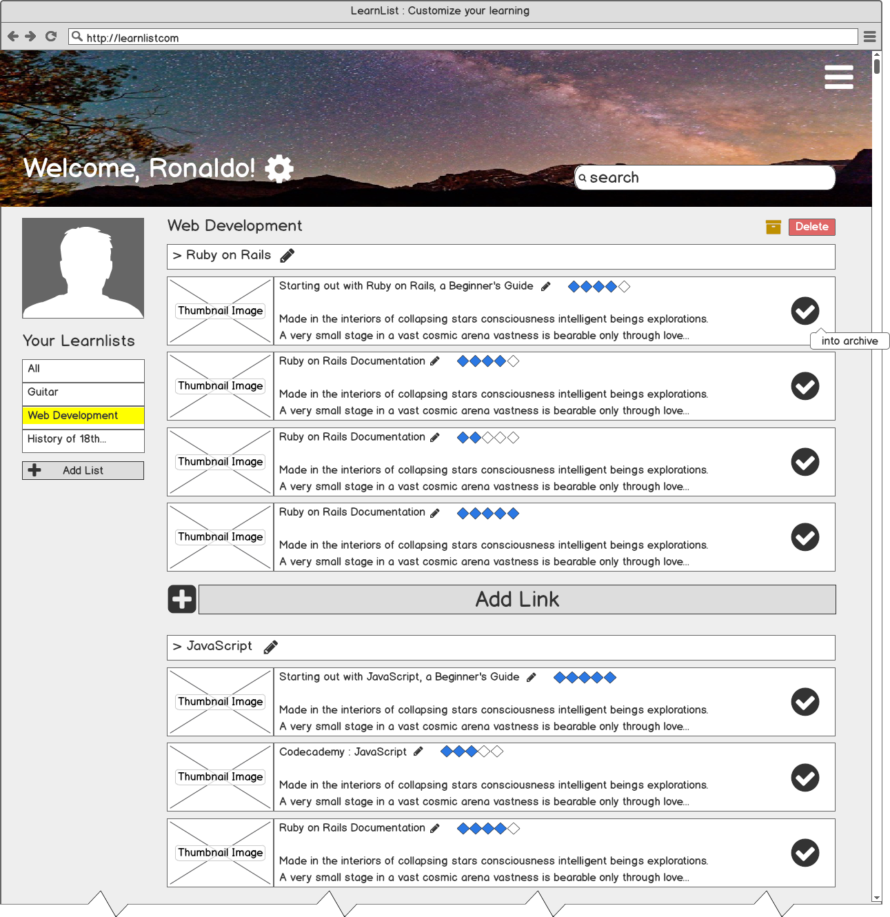 Wireframe of Learnlist Dashboard