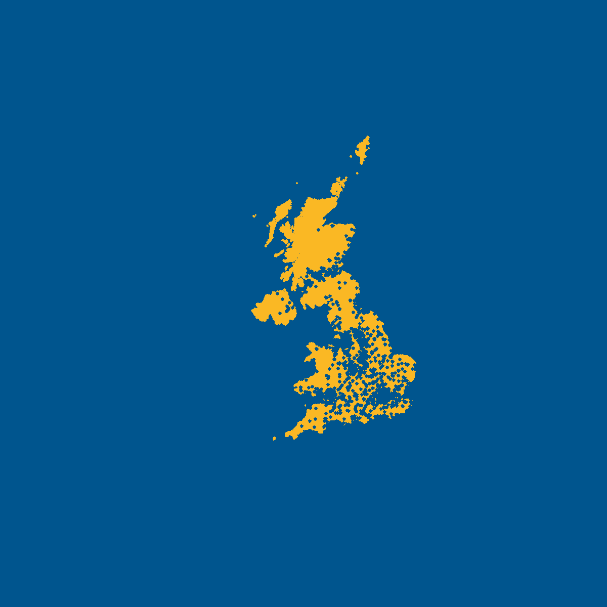 Map of UK coloured in yellow with blue background. Blue points highlight locations of branches of Greggs