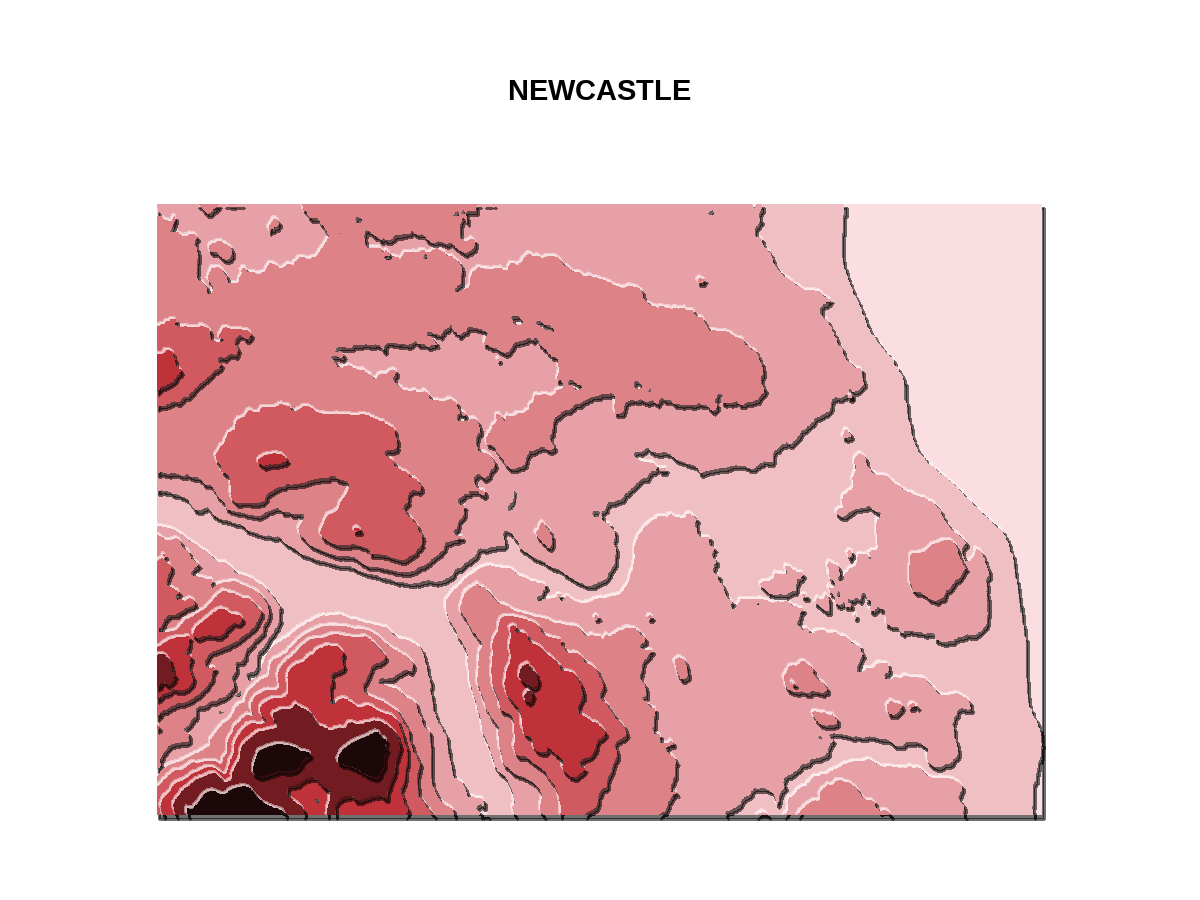Rectangular map showing area of Newcastle with colour representing elevation