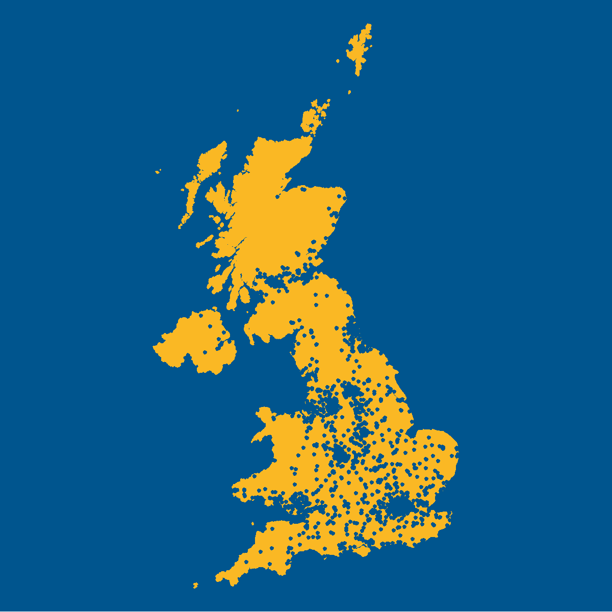 Map of UK coloured in yellow with blue background. Blue points highlight locations of branches of Greggs
