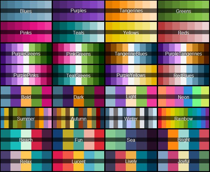 Grid showing 32 different colour palettes