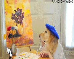 Gif of a dog wearing a beret painting a canvas