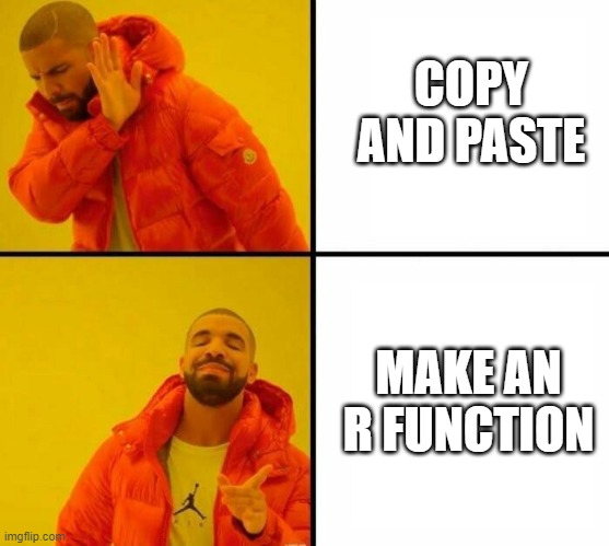 Orange jacket meme with top text reading copy and paste, and bottom text reading make an R function