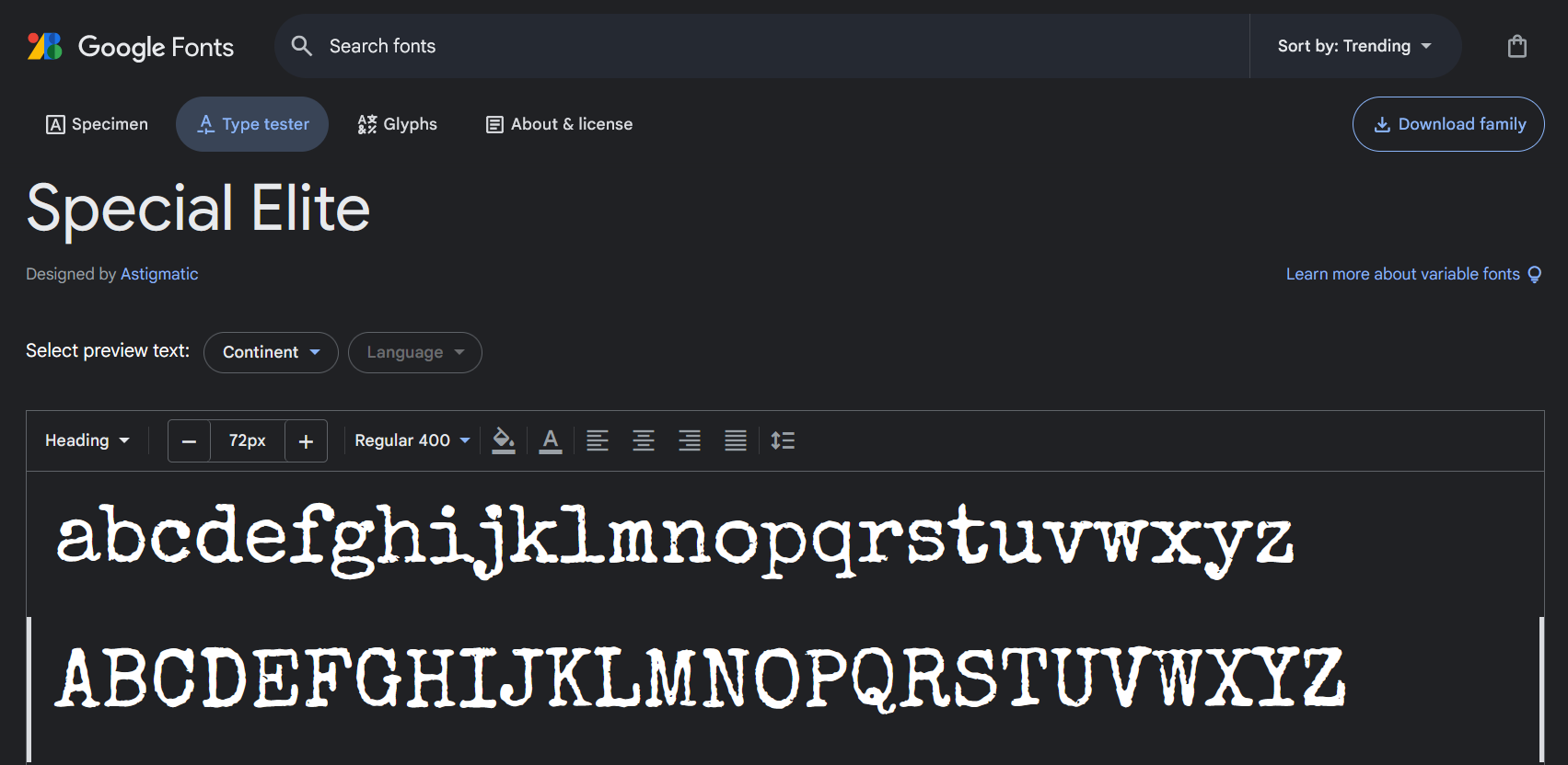 Screenshot of Google Fonts site showing alphabet in special elite font