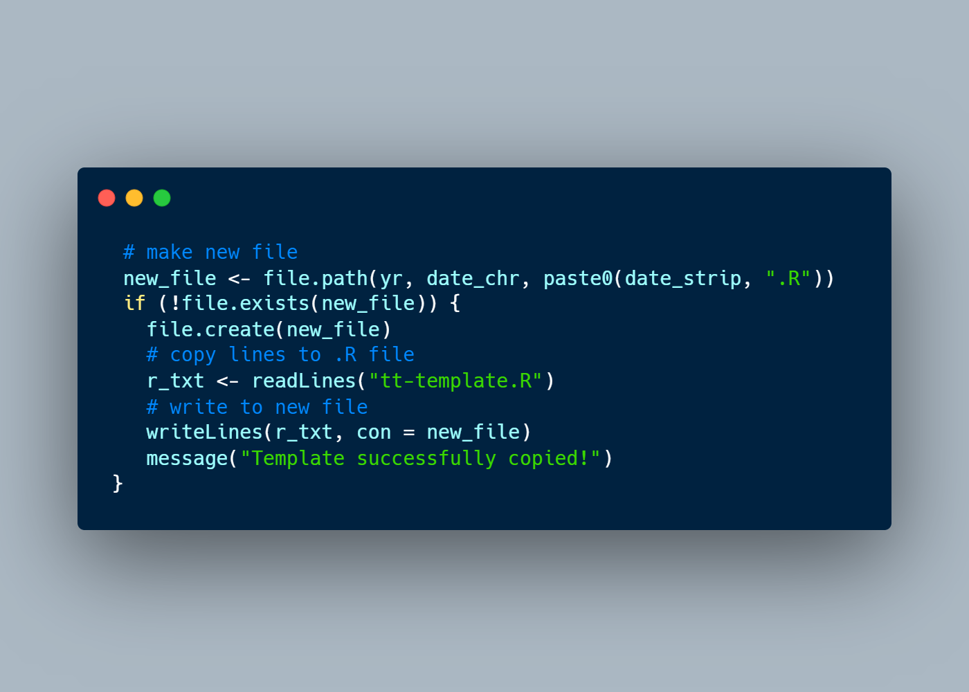 Screenshot of code to write template files