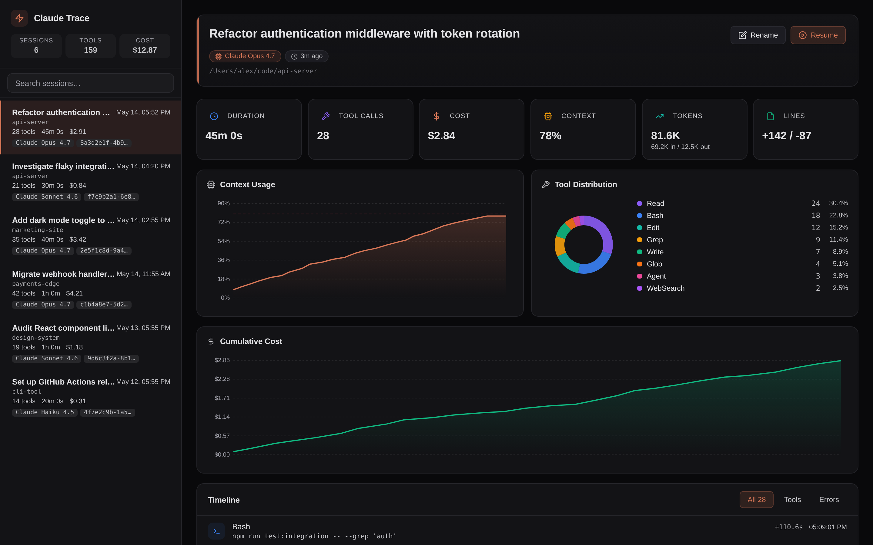 Claude Trace dashboard