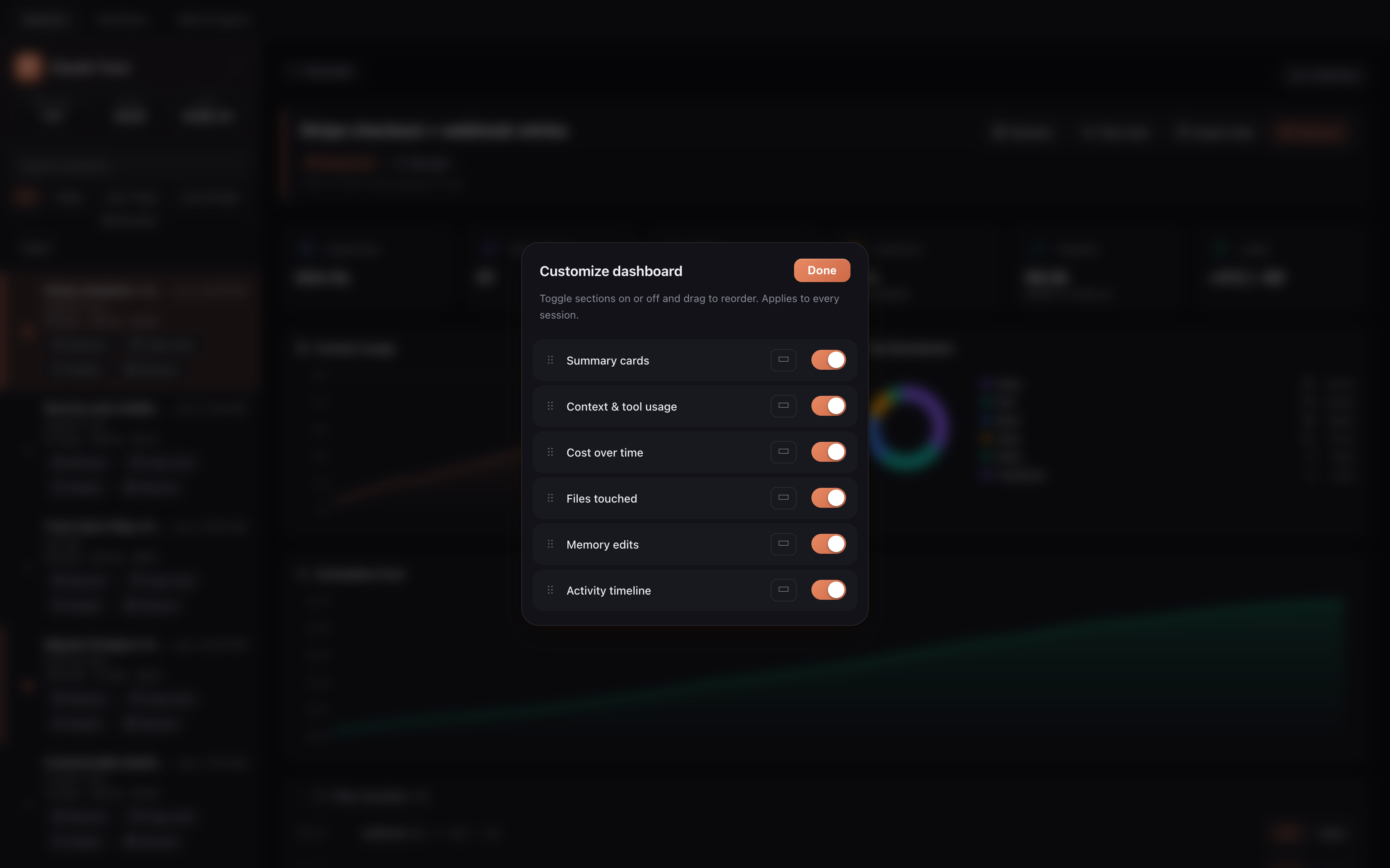 Customize panel for showing and hiding dashboard sections