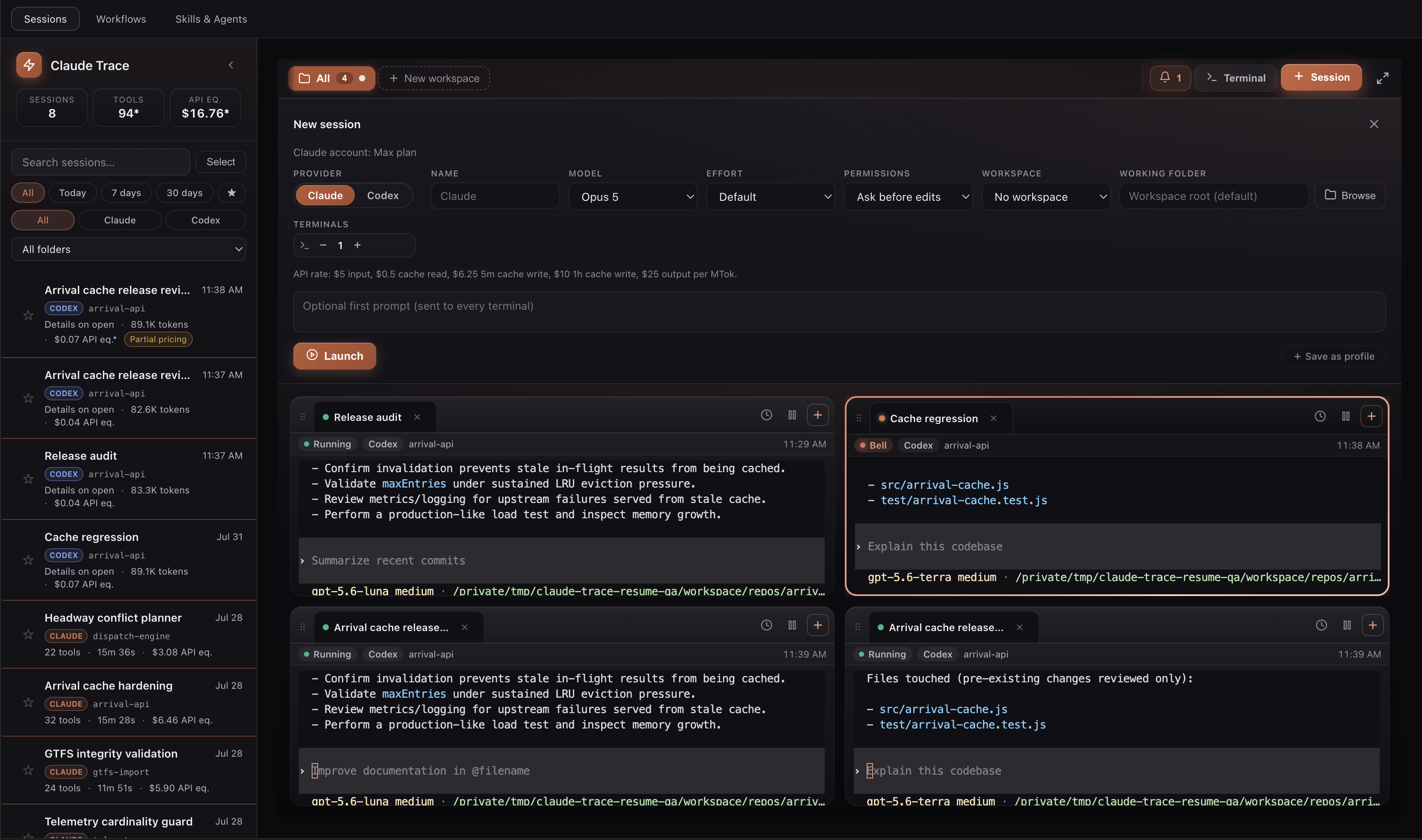 Start a Claude or Codex session with account-valid models and controls