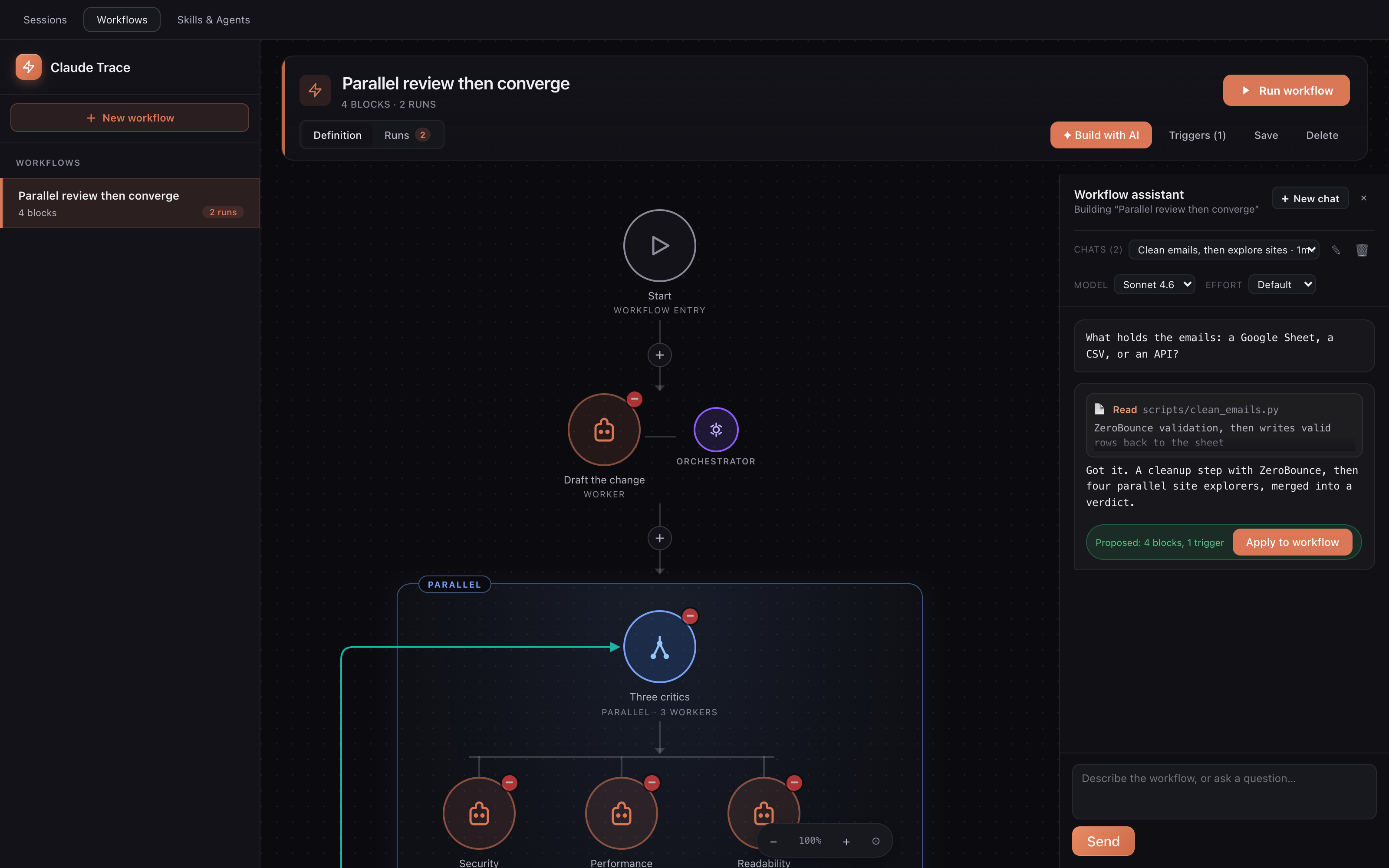 Describe a workflow and the assistant builds it
