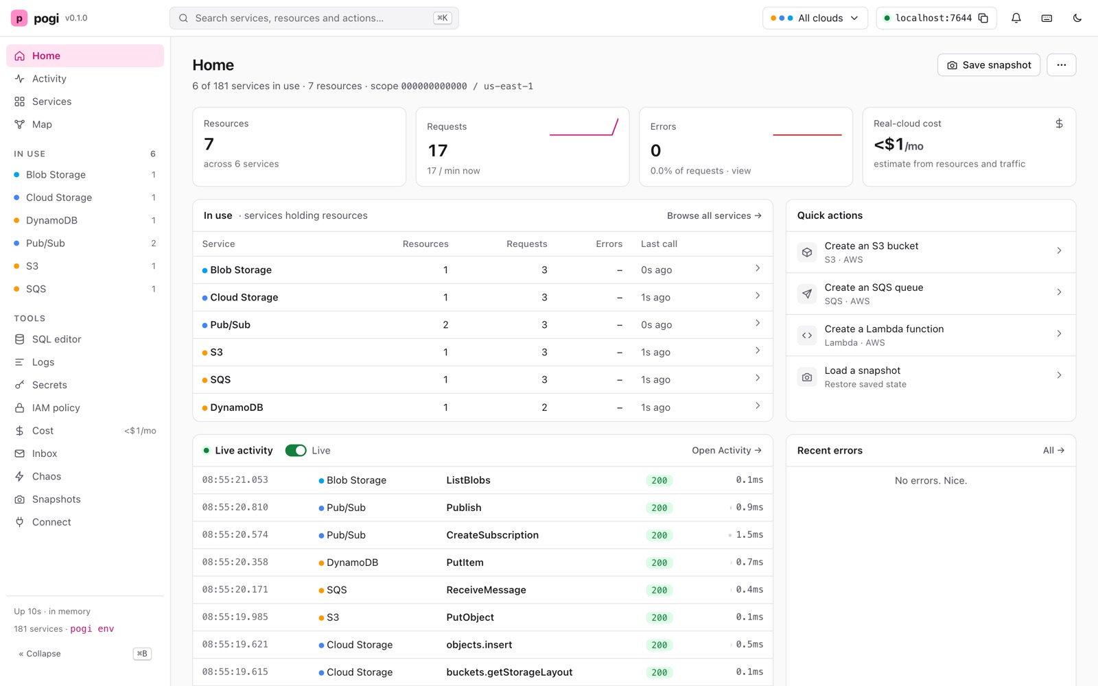 The pogi web console's Home page: six services in use across AWS, Google Cloud and Azure, request and error counts, a rough real-cloud cost, and a live list of calls.
