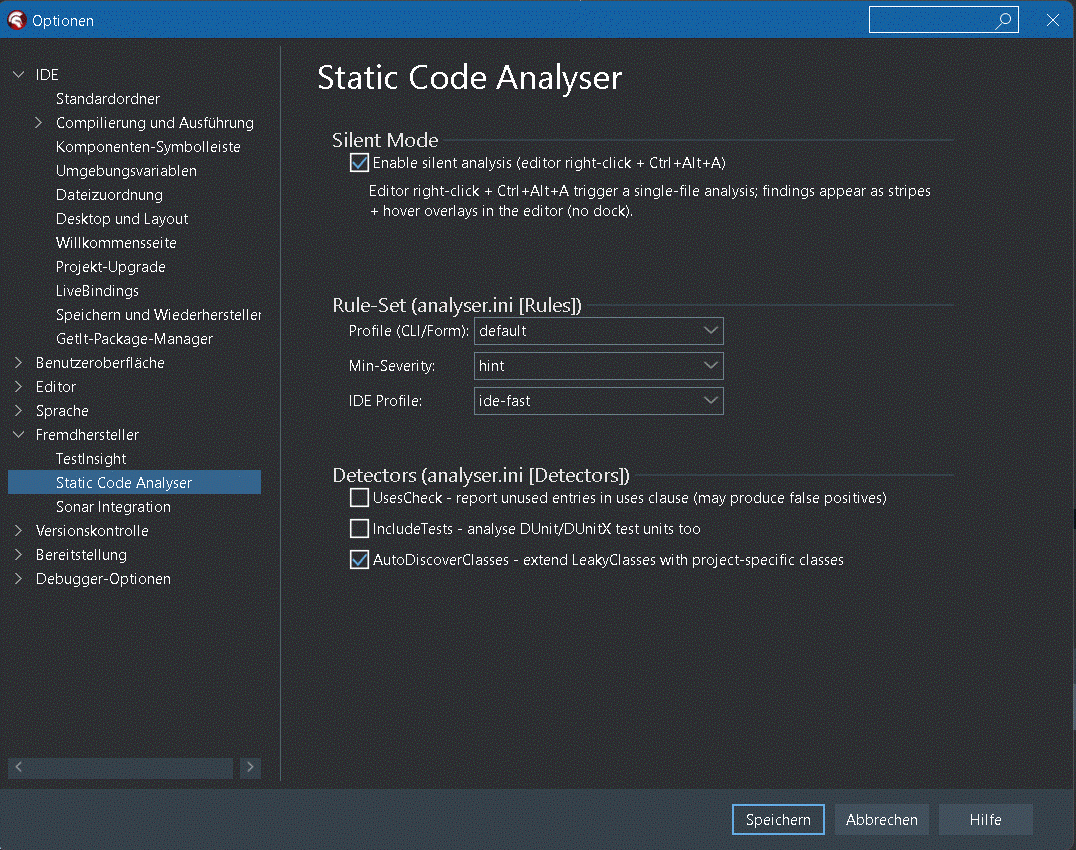 Tools > Options page for Static Code Analyser inside the Delphi IDE