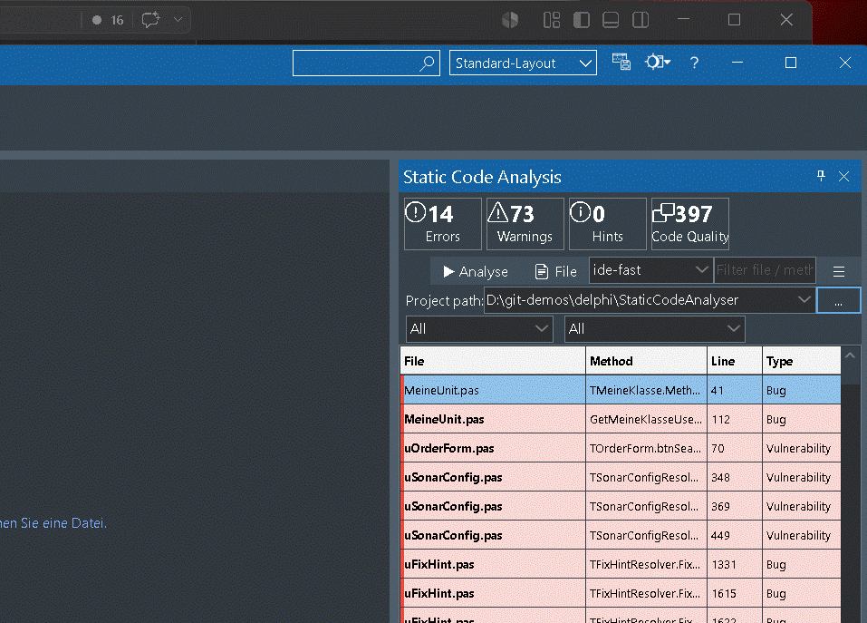 SCA IDE plugin docked into a side panel โ auto-hidden help panel, full-width grid