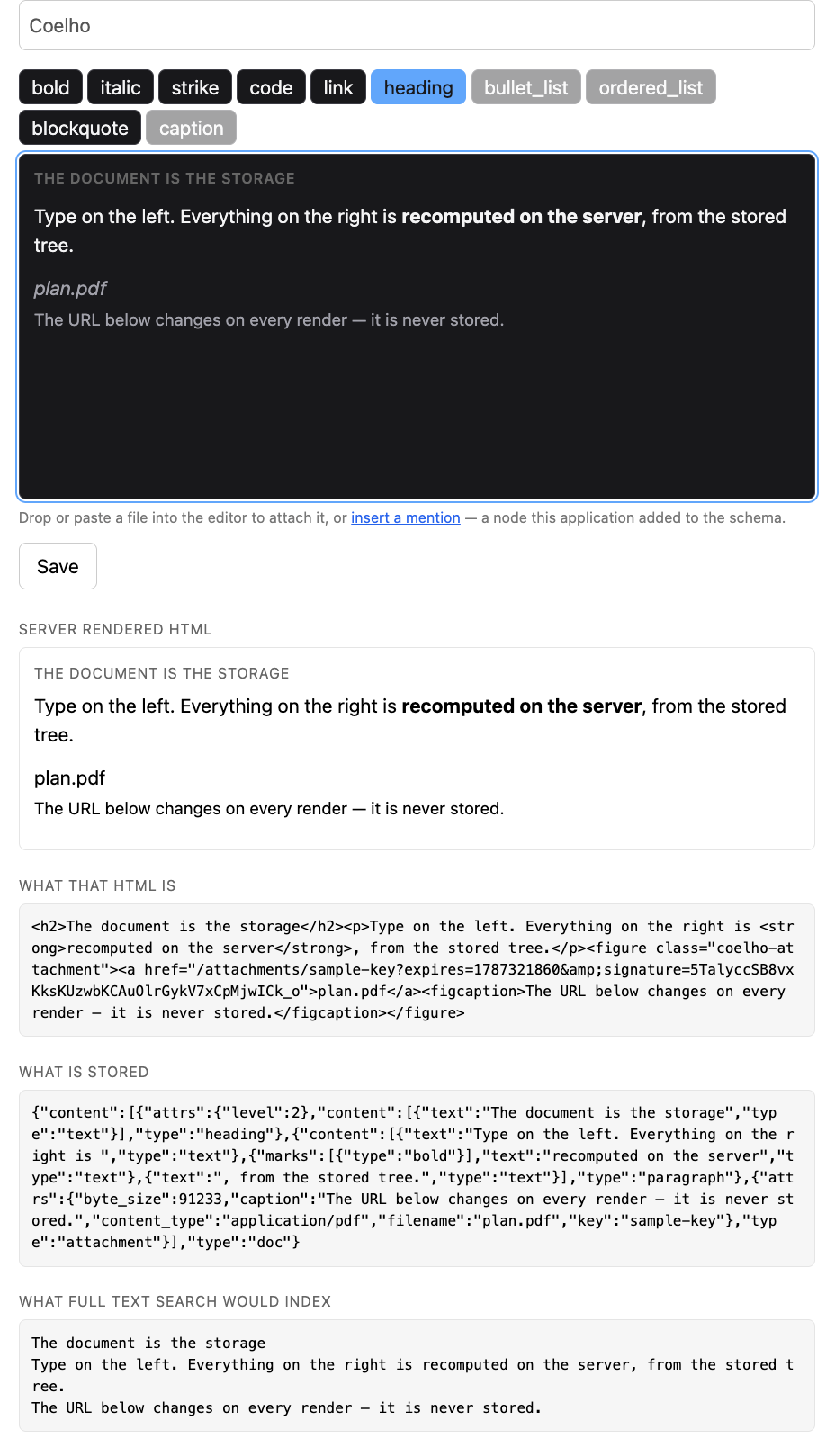 The demo: an editor, and under it the HTML it renders to, that HTML as source, the JSON actually stored, and the plain text a search index would hold.