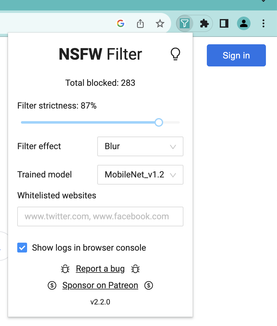 NSFW Filter popup