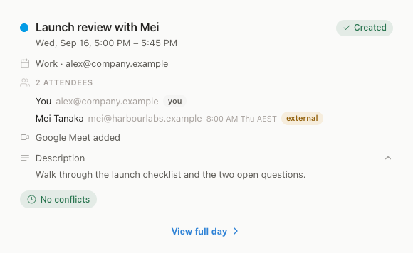 Cocal event card showing attendees, timezone context, a description, and no conflicts
