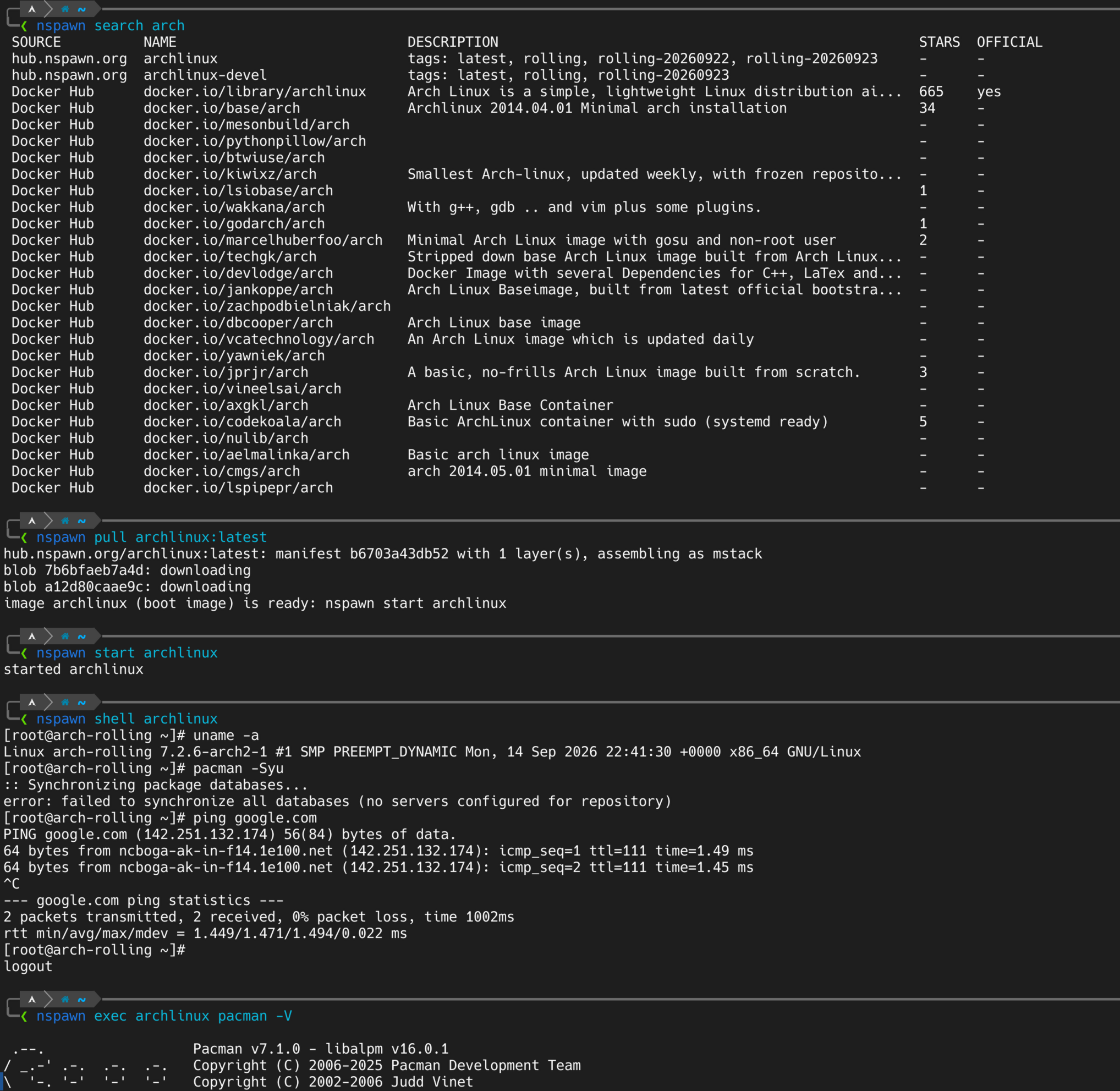 nspawn search, pull, start, shell and exec on an Arch Linux image
