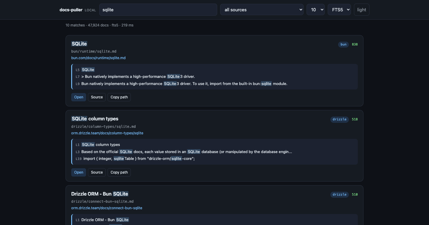docs-puller web search showing ranked SQLite documentation results