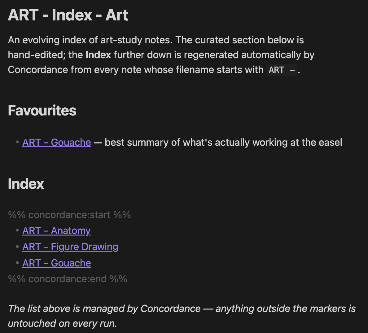 A Concordance-managed index note, with curated prose above and below the auto-generated wikilink list