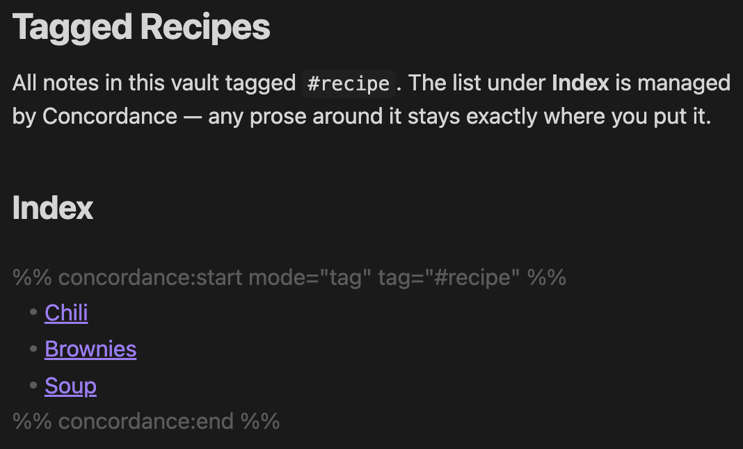 A tag-mode index showing the mode and tag attributes in the start marker, populating a wikilink list of recipe notes