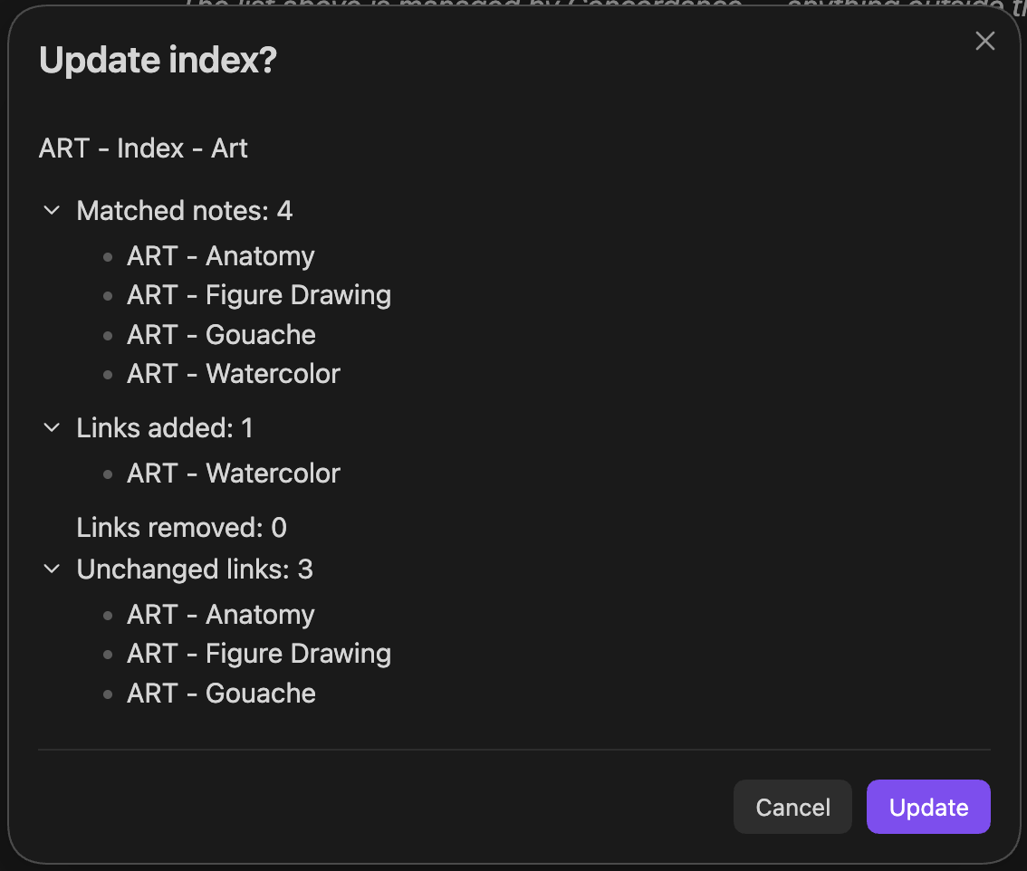 The update confirmation modal, listing matched notes, added links, removed links, and unchanged links with expandable details
