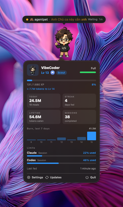 Right-click the pet for a stats HUD: level, XP, hunger, 7-day burn and live subscription limits