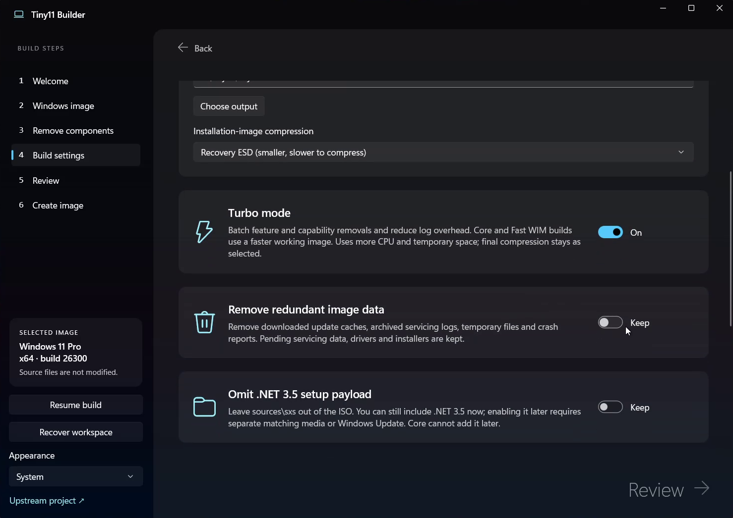 Build settings with Turbo mode and optional image cleanup