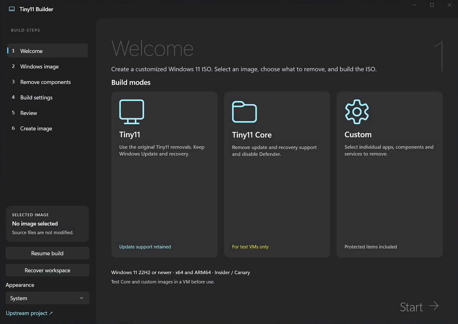 Tiny11 Builder welcome screen with Tiny11, Tiny11 Core and Custom modes