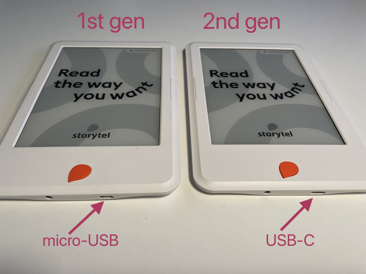 Photo of 1st and 2nd generation Storytel Reader devices