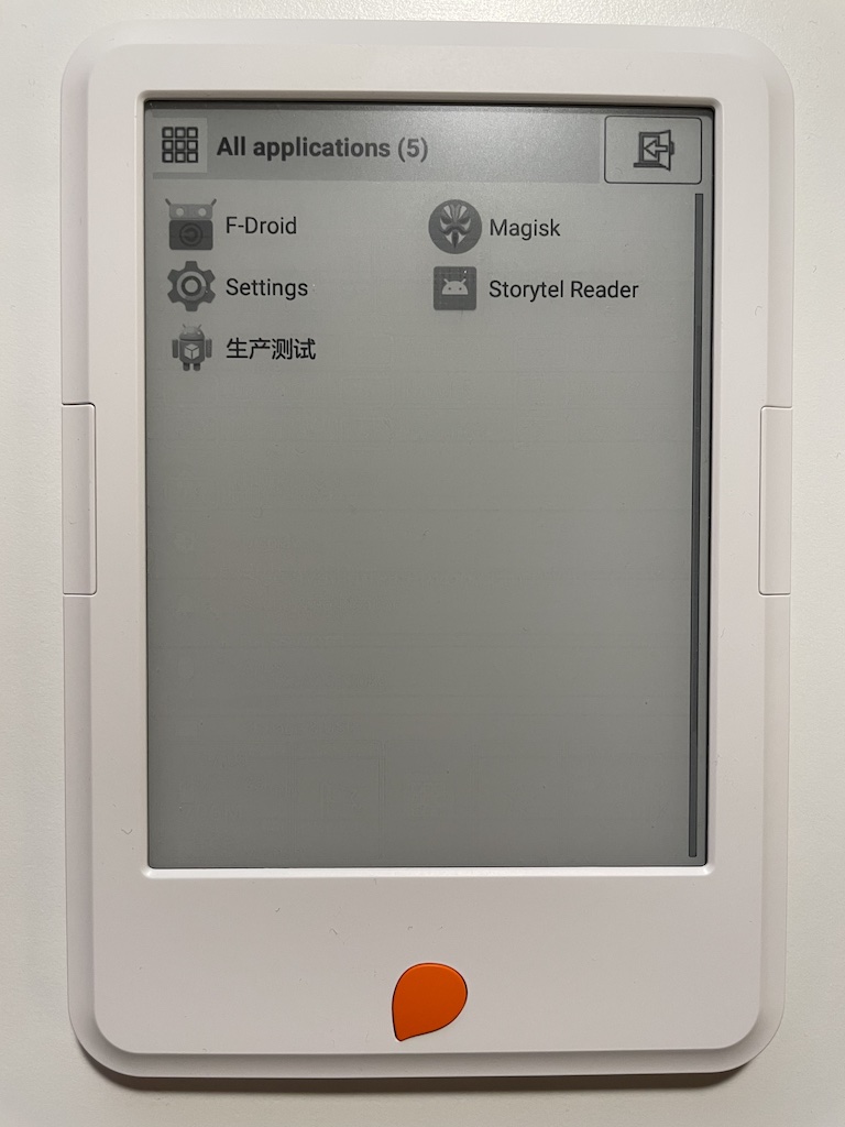 Photo of 2nd generation Storytel Reader device running RelaunchX