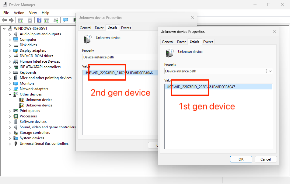 Screenshot of Windows 10/11 Device Manager displaying properties of connected 1st generation and 2nd generation Storytel Reader devices in maskrom mode