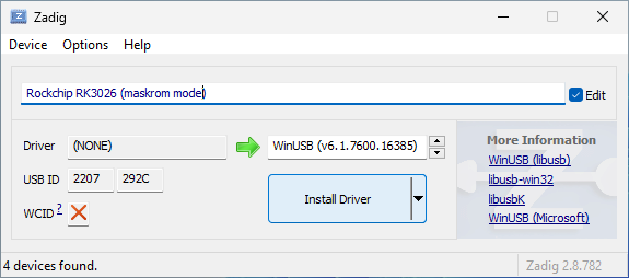 Screenshot of Zadig installing WinUSB driver for 1st generation device