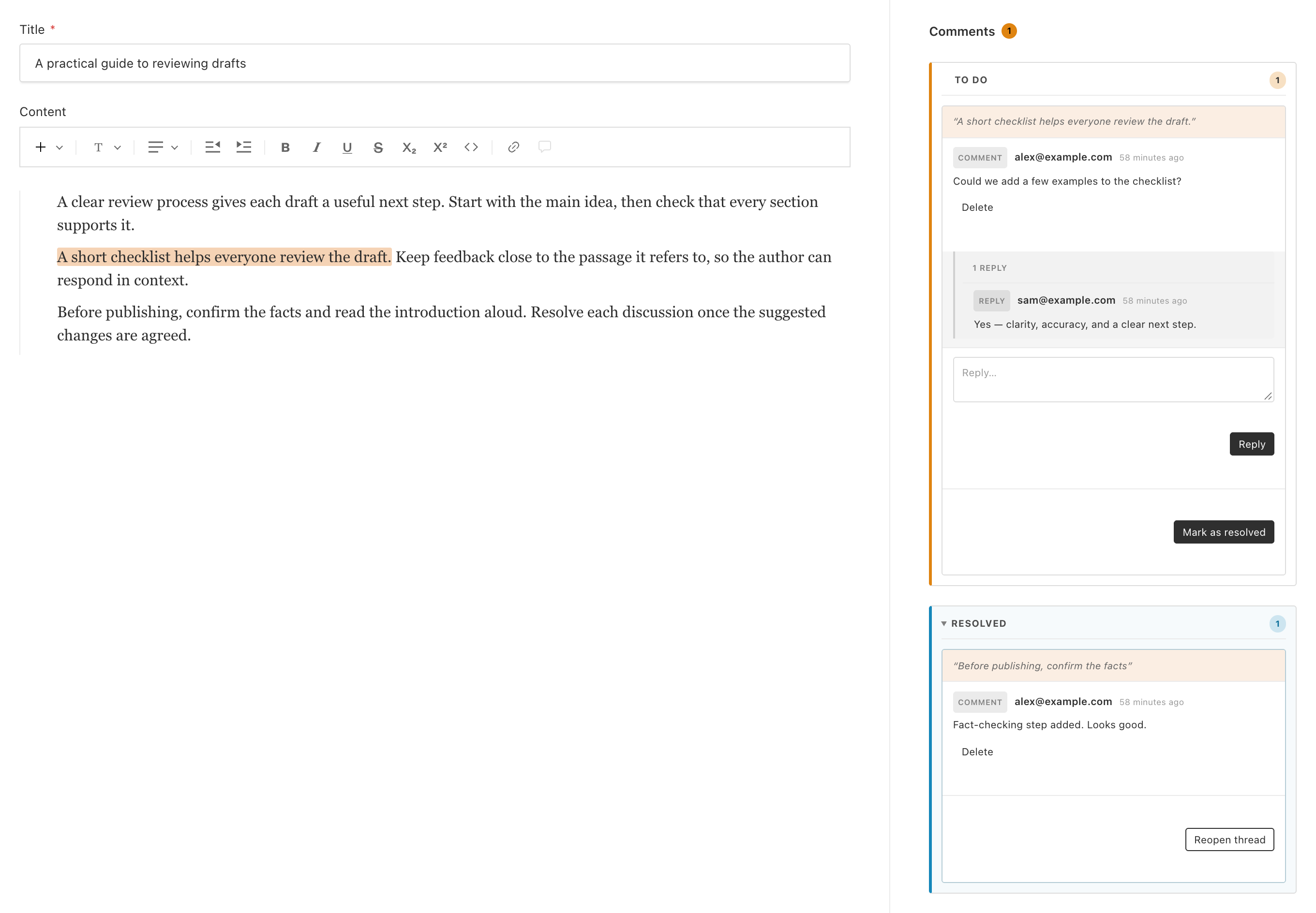 A highlighted passage in the Lexical editor and its comment thread in the admin sidebar