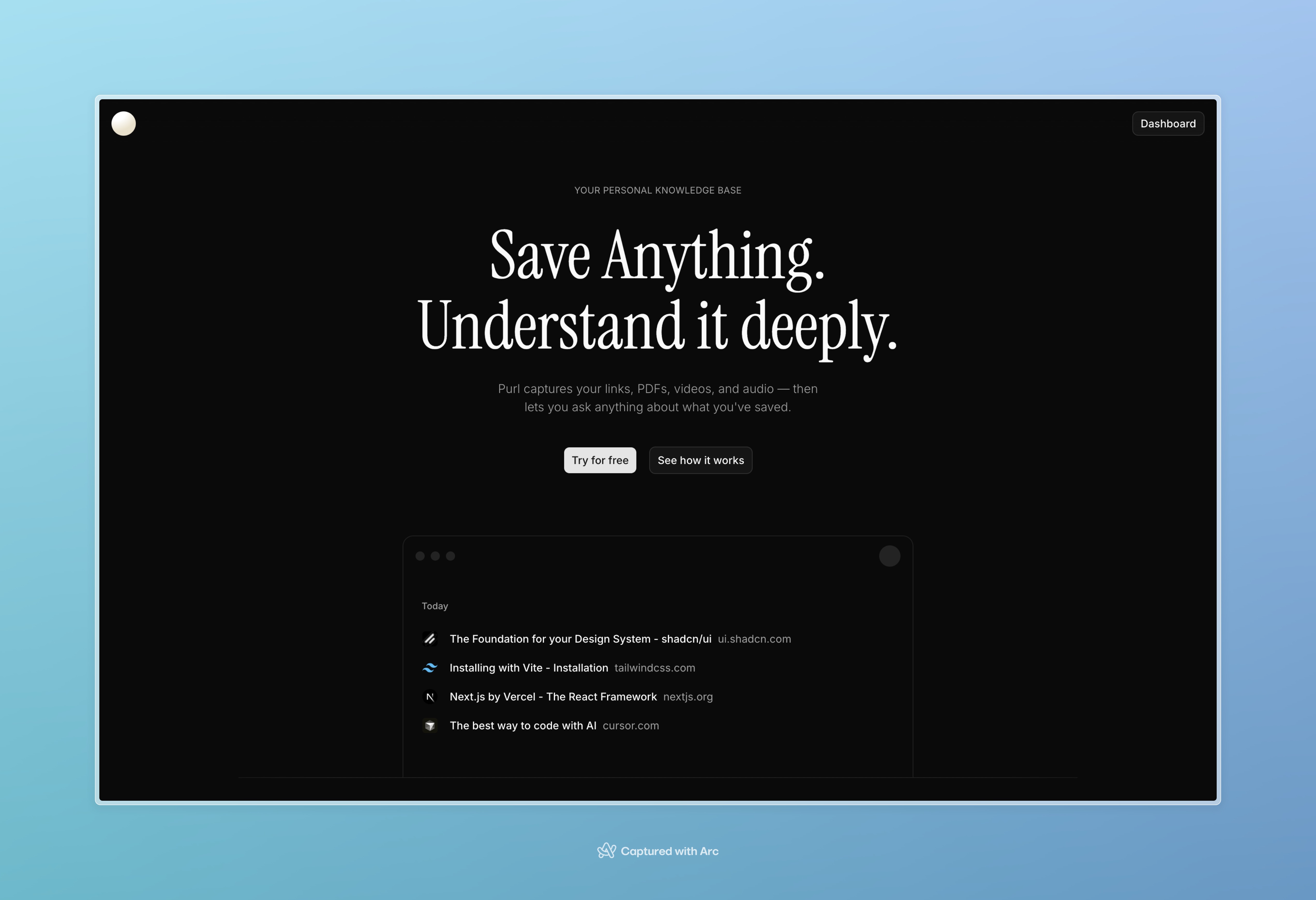 Purl — Save Anything. Understand it deeply. Personal knowledge base for links, PDFs, video, and audio.