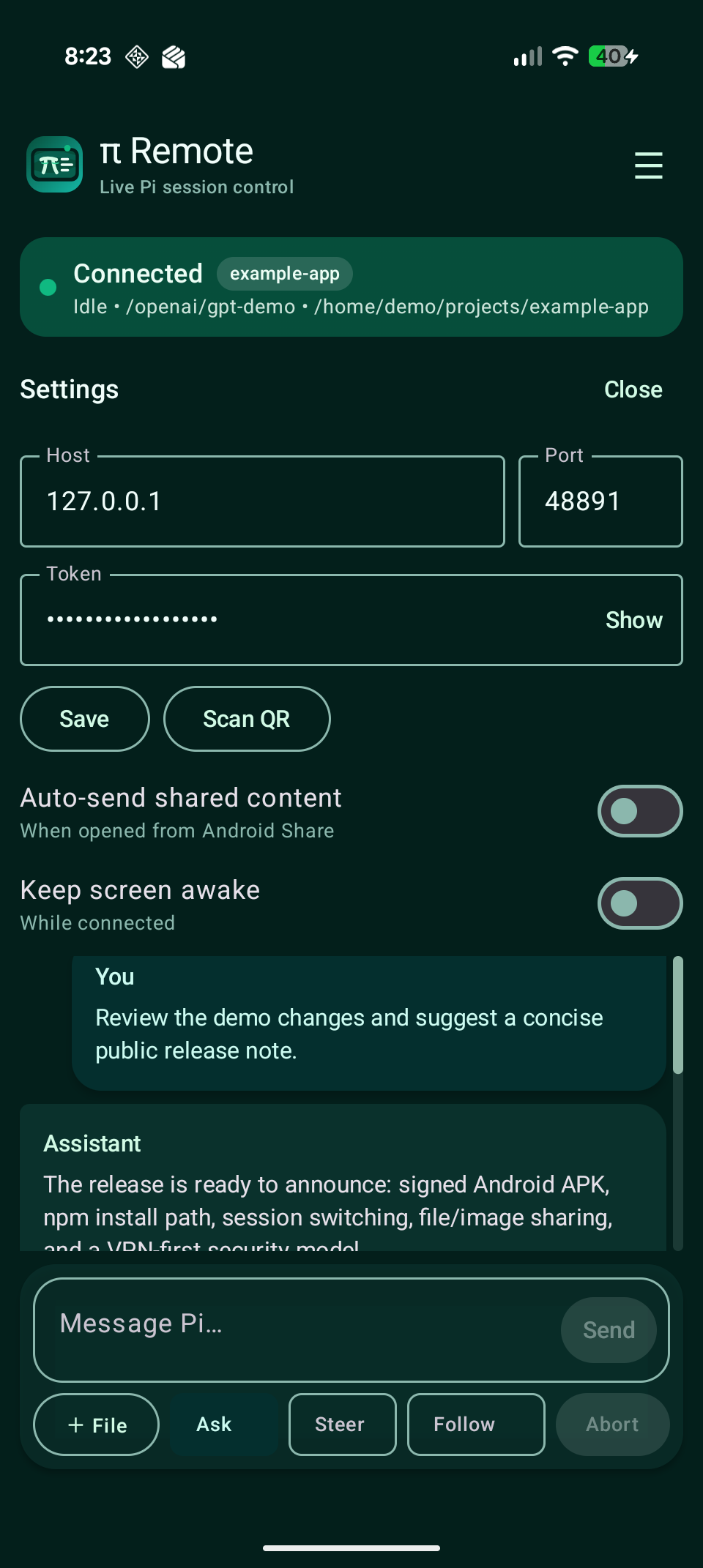 Settings screen