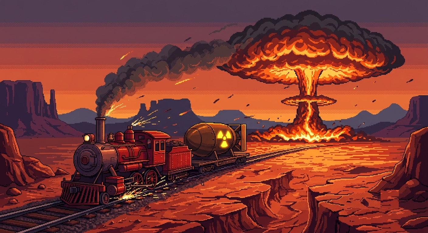 Nuke on Rails: a steam train hauling a nuclear bomb through the desert as a mushroom cloud erupts