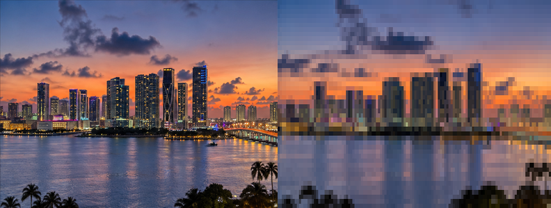 A photo, and the same photo in quadrant cells at 64×23 cells